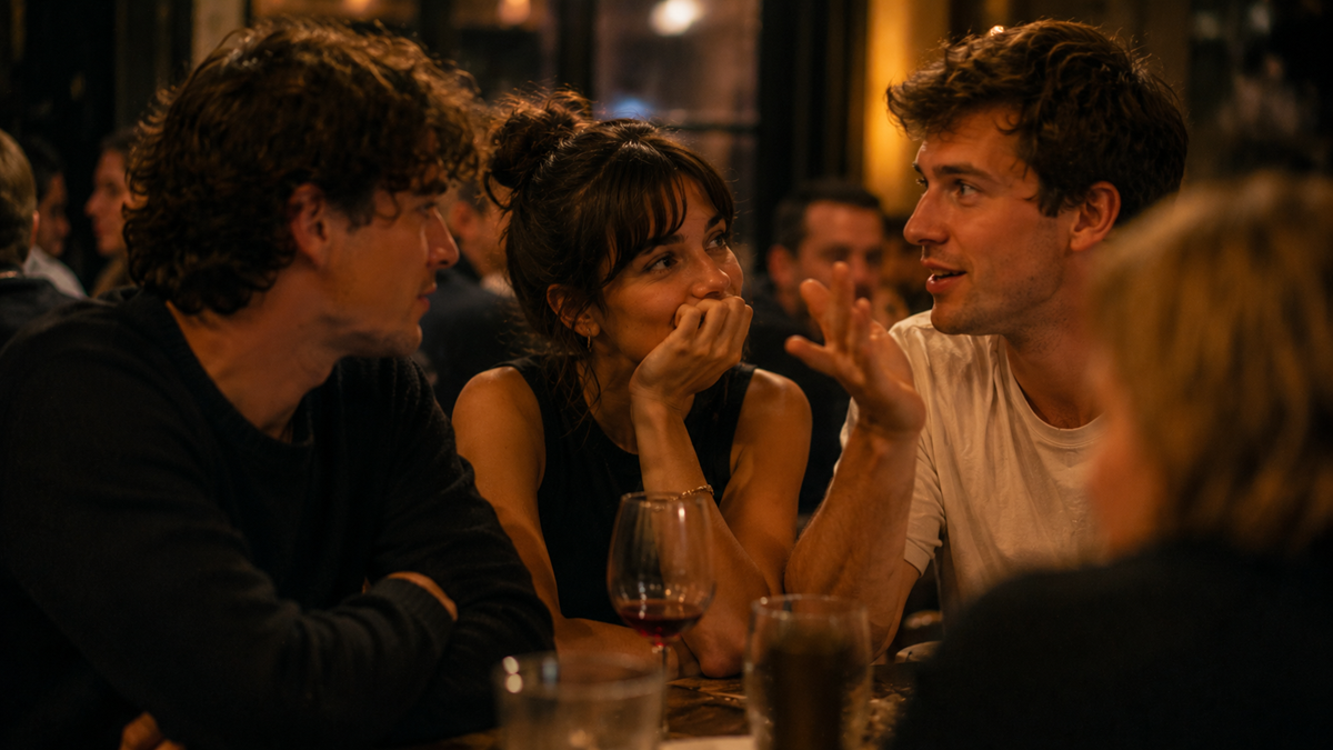 Three people sit closely at a dimly lit restaurant table, engaged in conversation. One woman listens attentively between two men, with drinks in front of them and other diners visible in the background.