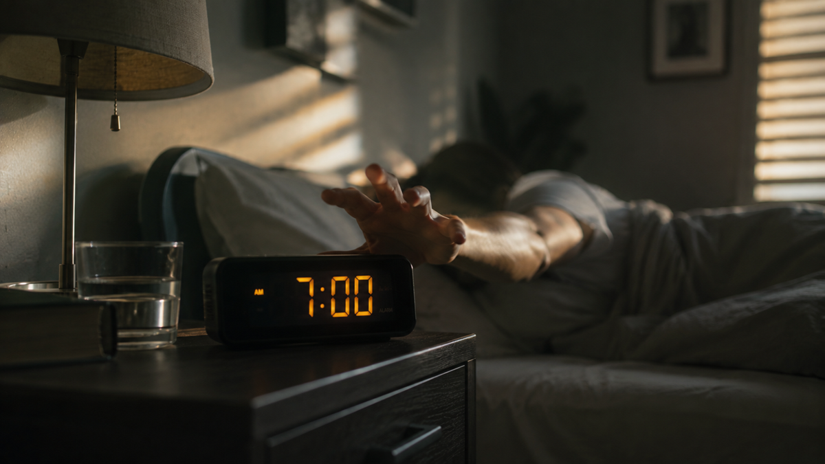 A person in bed reaches to turn off a digital alarm clock displaying 7:00 AM on a bedside table, next to a lamp and a glass of water, with sunlight streaming in through window blinds.