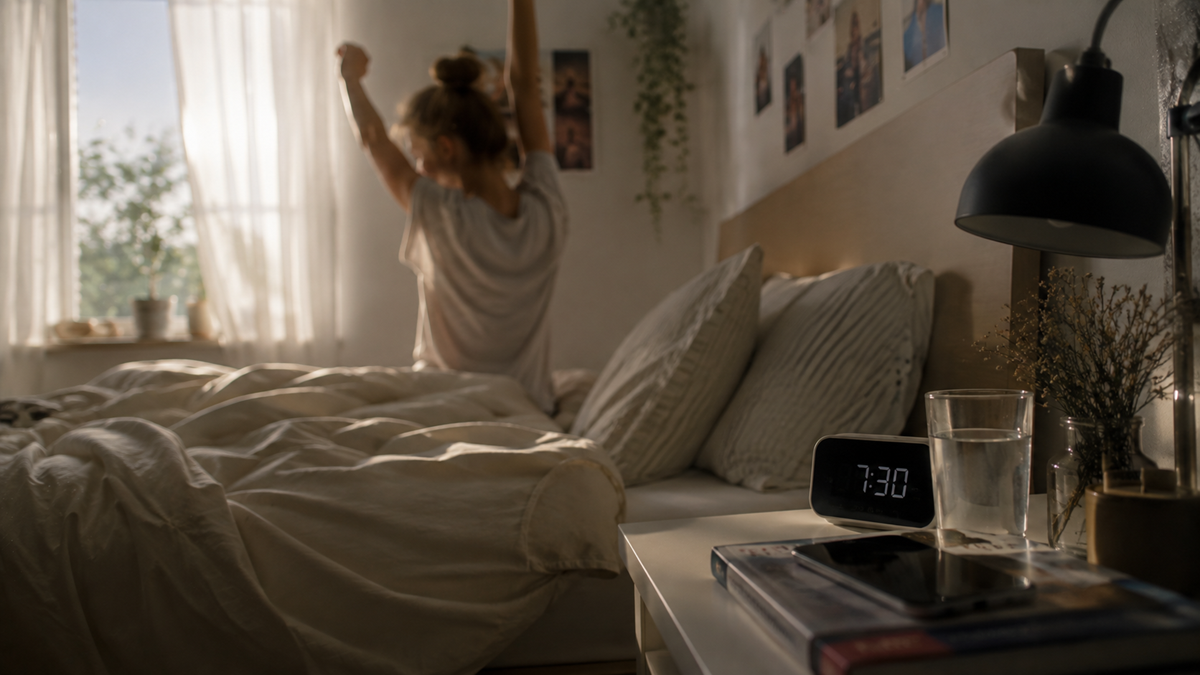 A person stretches on a bed in a sunlit bedroom. An alarm clock on the nightstand shows 7:30, next to a lamp, glass of water, and books. Soft natural light fills the cozy space.