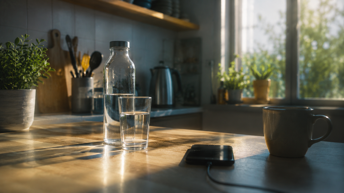A glass bottle and glass of water sit on a sunlit kitchen table next to a mug and a smartphone. Green plants and a kettle are in the background, with natural light streaming through the window.