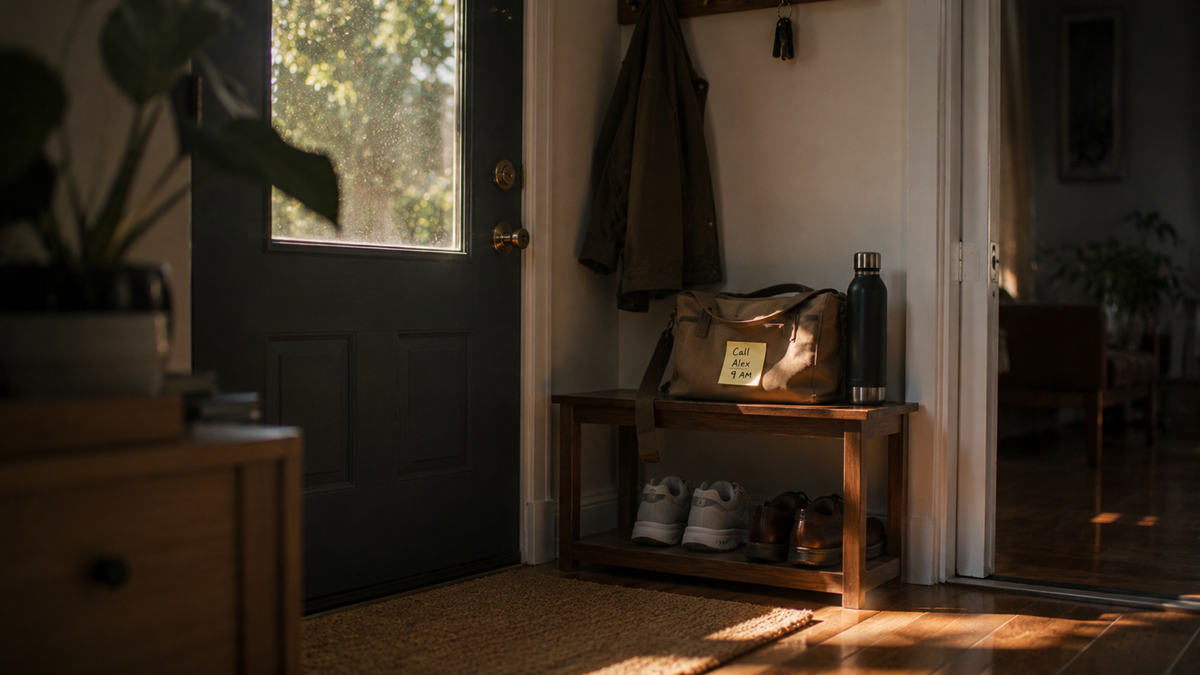 A sunlit entryway with a dark door, coat and bag hanging, bench with shoes underneath, a water bottle, and a rug on the floor. Warm wooden tones and indoor plants complete the cozy scene.