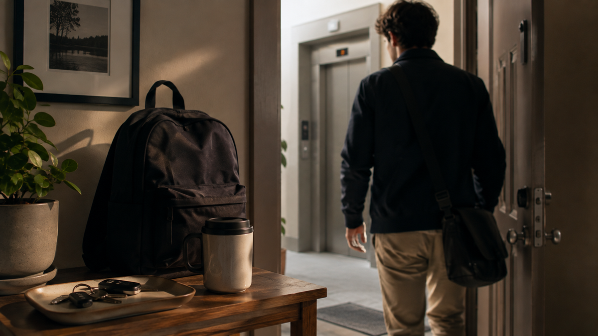 A person with a shoulder bag walks toward an elevator; a backpack, travel mug, and keys sit on a wooden table near the door under soft indoor light.