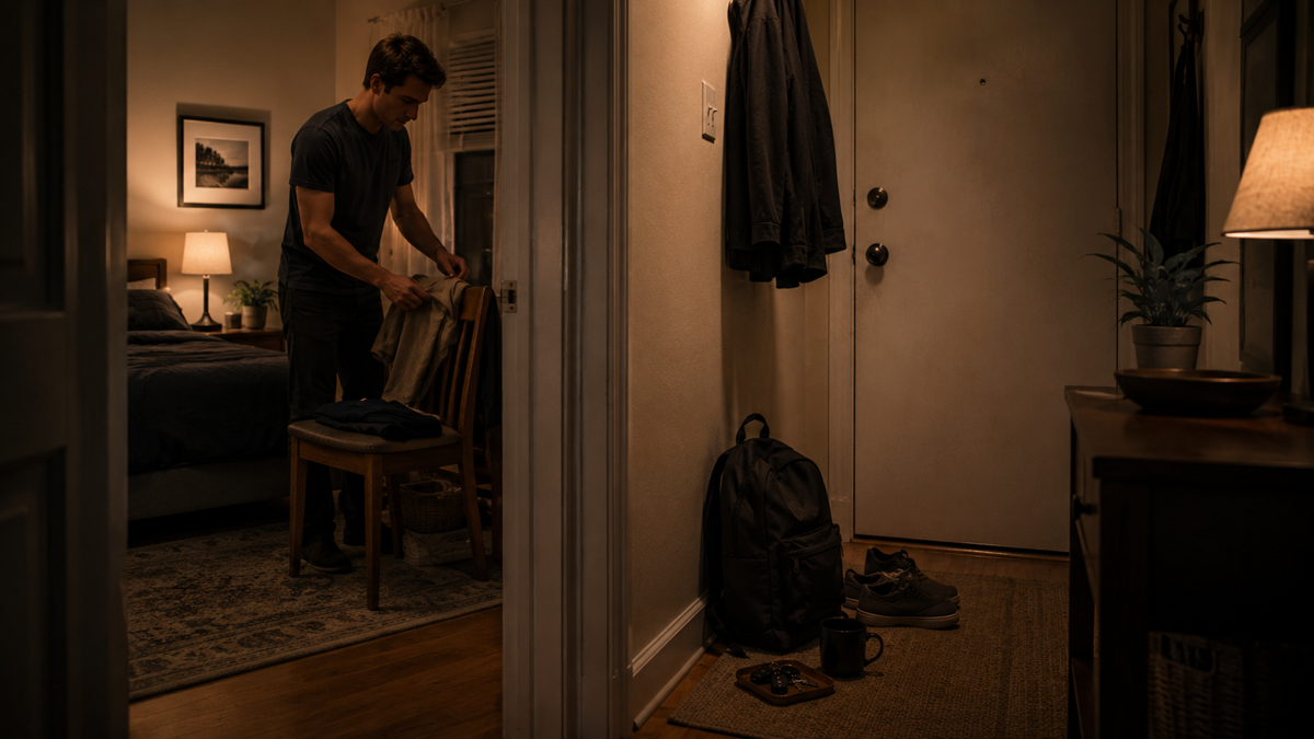 A man packs clothes on a chair in a warmly lit bedroom, viewed from a hallway with shoes, a backpack, and a small table near the front door. It’s night and the space feels cozy and tidy.