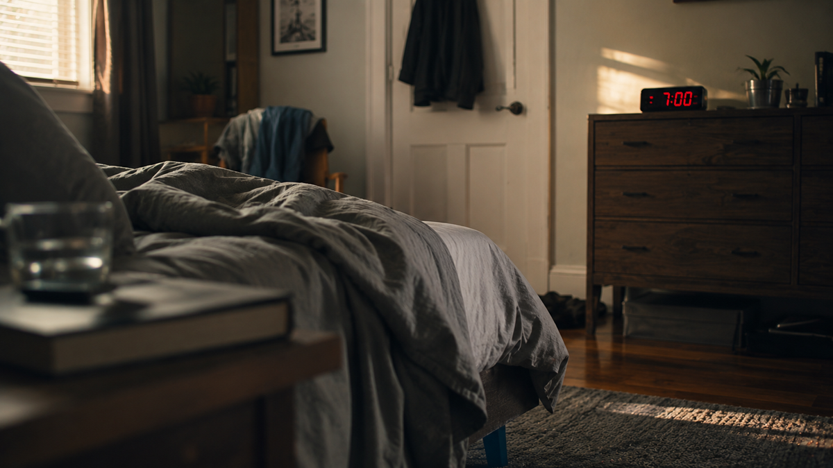 A cozy bedroom with rumpled gray bedding, a wooden dresser displaying a digital clock showing 7:00, soft morning light entering through a window, and a glass of water on a bedside table.