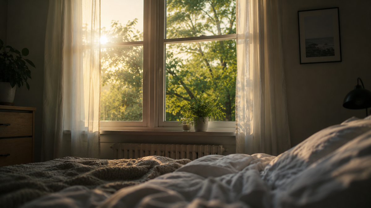 Sunlight streams through sheer curtains onto a cozy, unmade bed in a softly lit bedroom. A potted plant sits on the windowsill, and trees can be seen outside through the window.