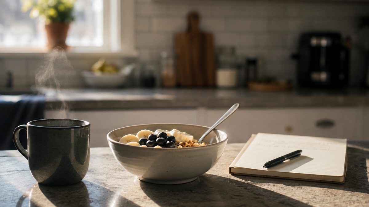 A bowl of granola with fruit and yogurt, a steaming mug, and an open notebook with a pen sit on a kitchen counter in sunlight.