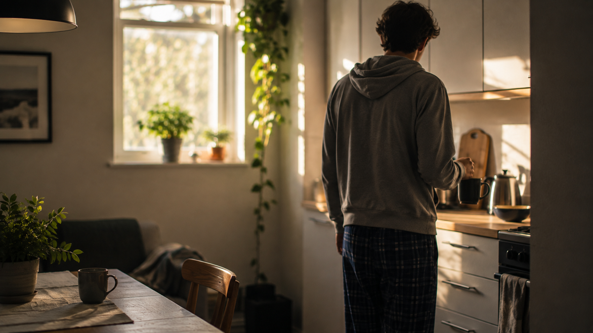 A person in pajamas stands in a sunlit kitchen, facing the counter while making something on the stove. There are plants on the window sill and table, and morning light fills the room.