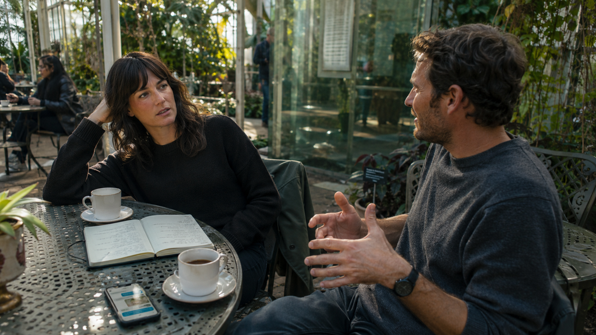 Two people sit at a table in a café, having a conversation. One has a notebook open and a hand on her head; both have coffee cups. Lush plants and glass walls are visible in the background.