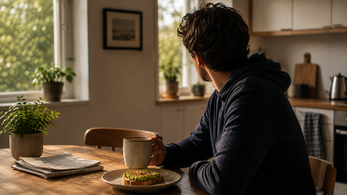 A person sits at a wooden table with coffee and avocado toast, looking out a bright window. Plants, a newspaper, and kitchen items are visible in the cozy, sunlit room.