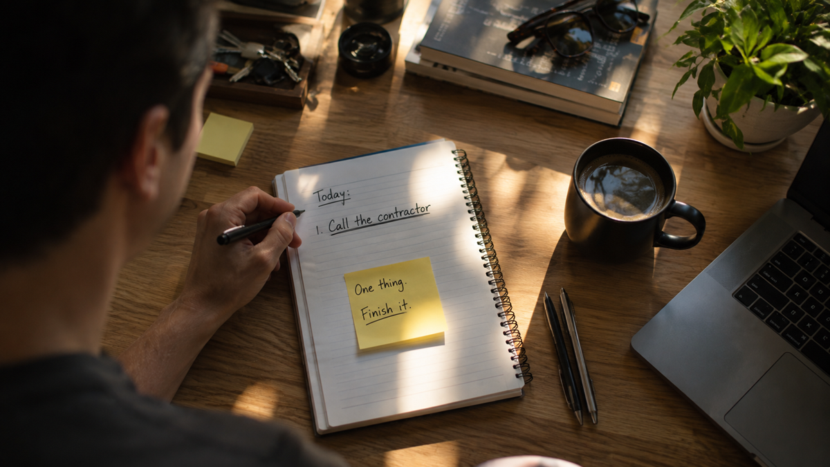 A person writes “Call the contractor” in a notebook on a wooden desk with pens, a laptop, coffee, sticky notes, and plants. A sticky note in the notebook says, “One thing. Finish it.” Sunlight shines on the workspace.