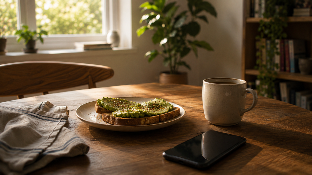 A plate of avocado toast, a mug, and a smartphone sit on a wooden table in a sunlit room with plants, bookshelves, and a window in the background. A striped cloth is draped beside the plate.
