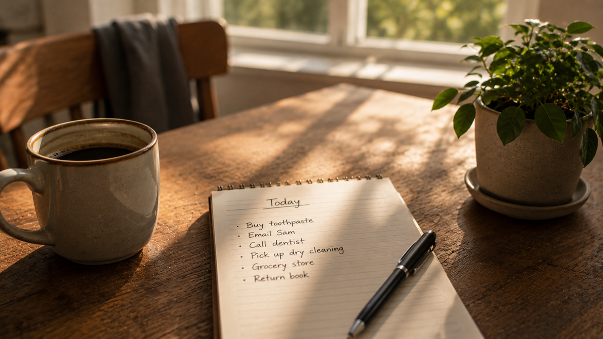 A notebook with a to-do list and a pen on a wooden table beside a cup of coffee and a potted plant, with sunlight streaming through a window in the background.