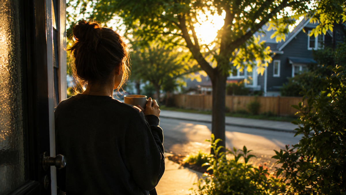 A person with a messy bun stands in a doorway, holding a mug, looking out at a quiet suburban street with trees and morning sunlight streaming through.