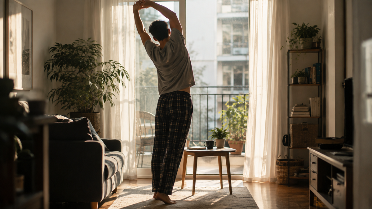A person in pajamas stretches near a window in a cozy living room with plants, a couch, a coffee table, and soft sunlight streaming through sheer curtains.