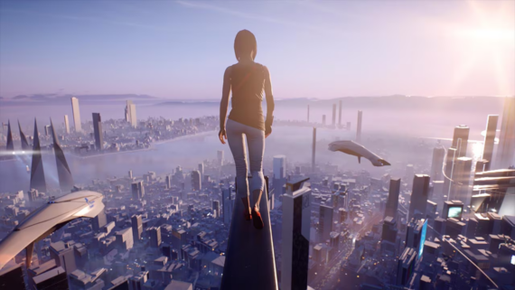 A person stands on a tall building overlooking a futuristic city with flying cars and skyscrapers at sunrise, suggesting a scene of adventure or exploration.