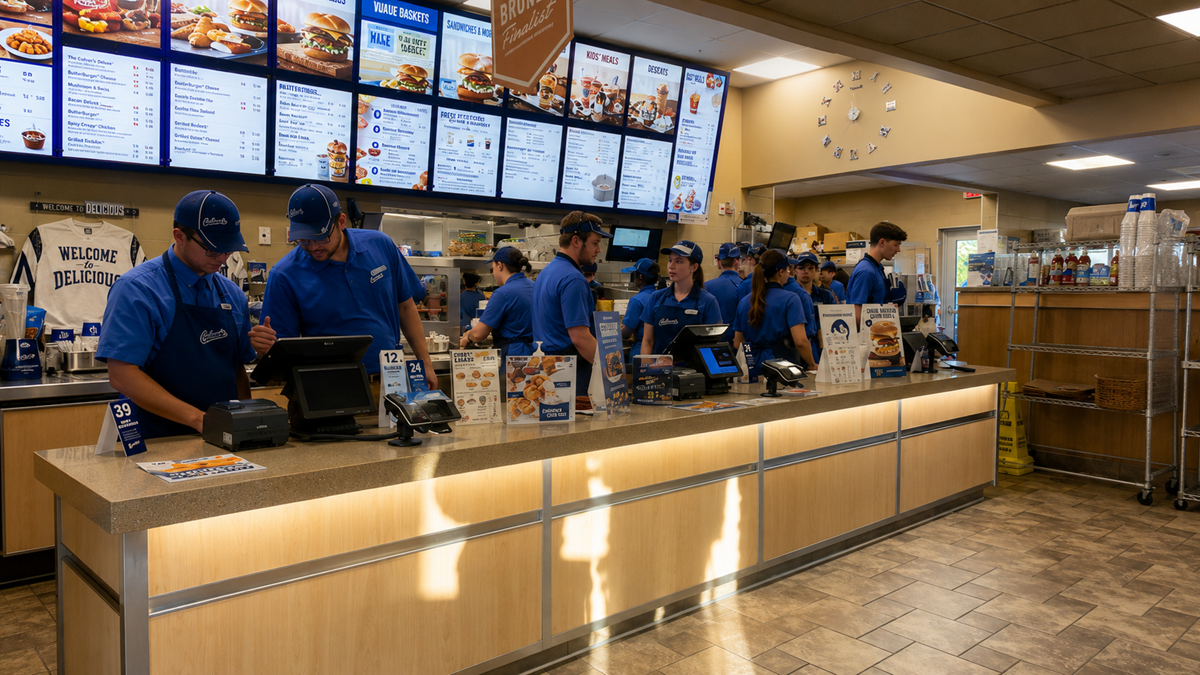 Culver’s employees in blue uniforms work behind the counter at a fast-food restaurant, preparing orders. Menu boards with food options are displayed above them. The area appears clean and well-lit.