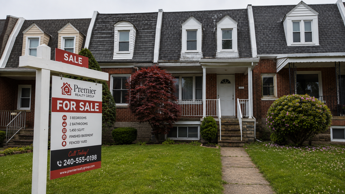 A brick townhouse with a well-kept lawn is shown with a “For Sale” sign in front, listing 3 bedrooms, 2 bathrooms, and other features from Premier Realty Group.
