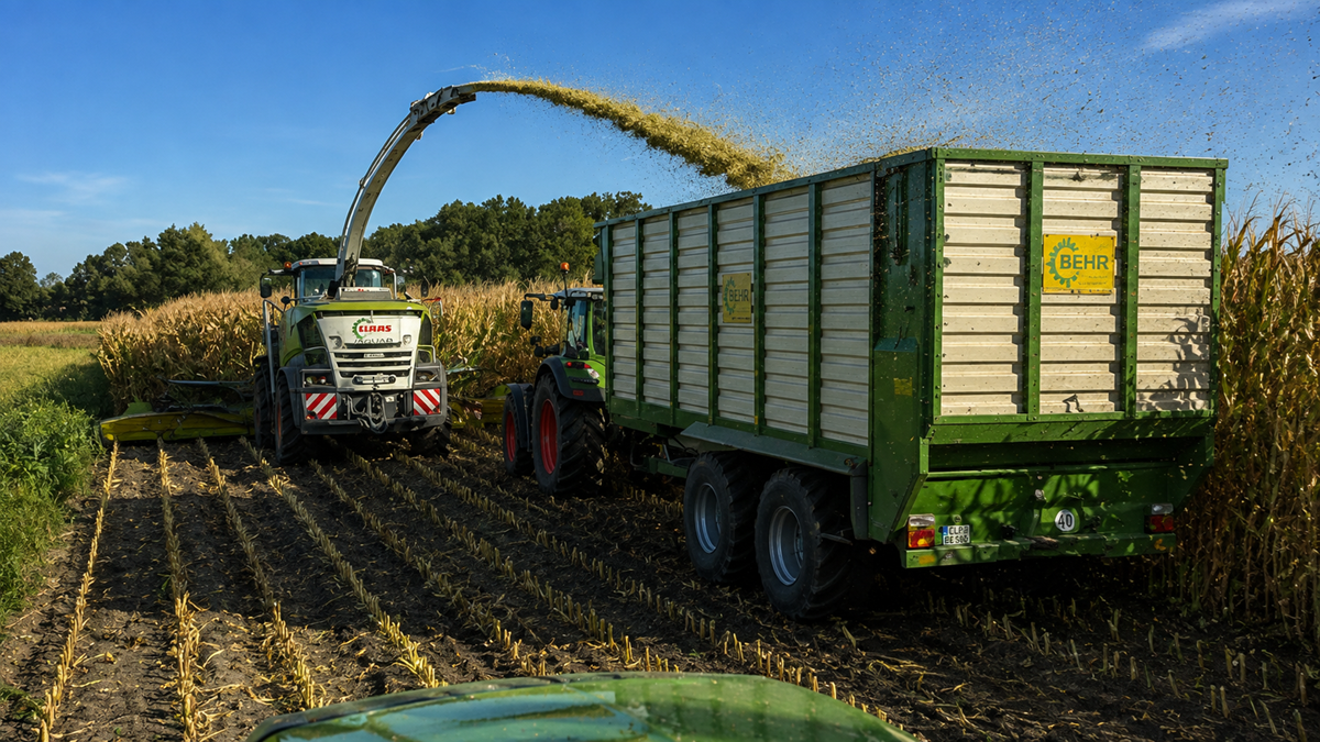 A forage harvester collects corn and unloads it into a green trailer towed by a tractor in a field under a clear blue sky. Trees line the background.