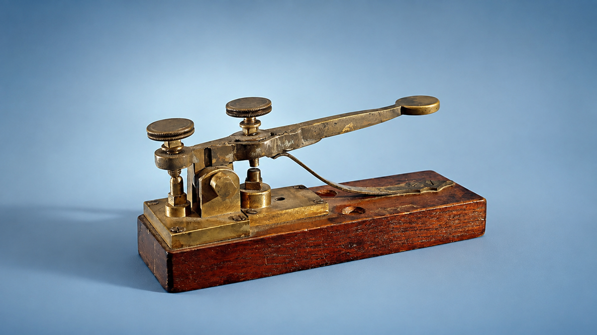 A vintage brass telegraph key with a wooden base is set against a blue background, used for sending Morse code messages. 1800s