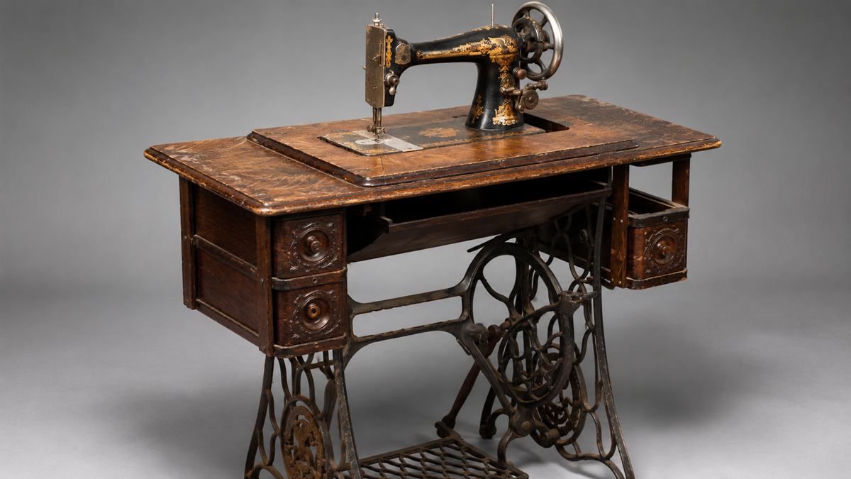 An antique treadle sewing machine with a black metal body, ornate gold details, and a wooden table base featuring drawers and iron legs.