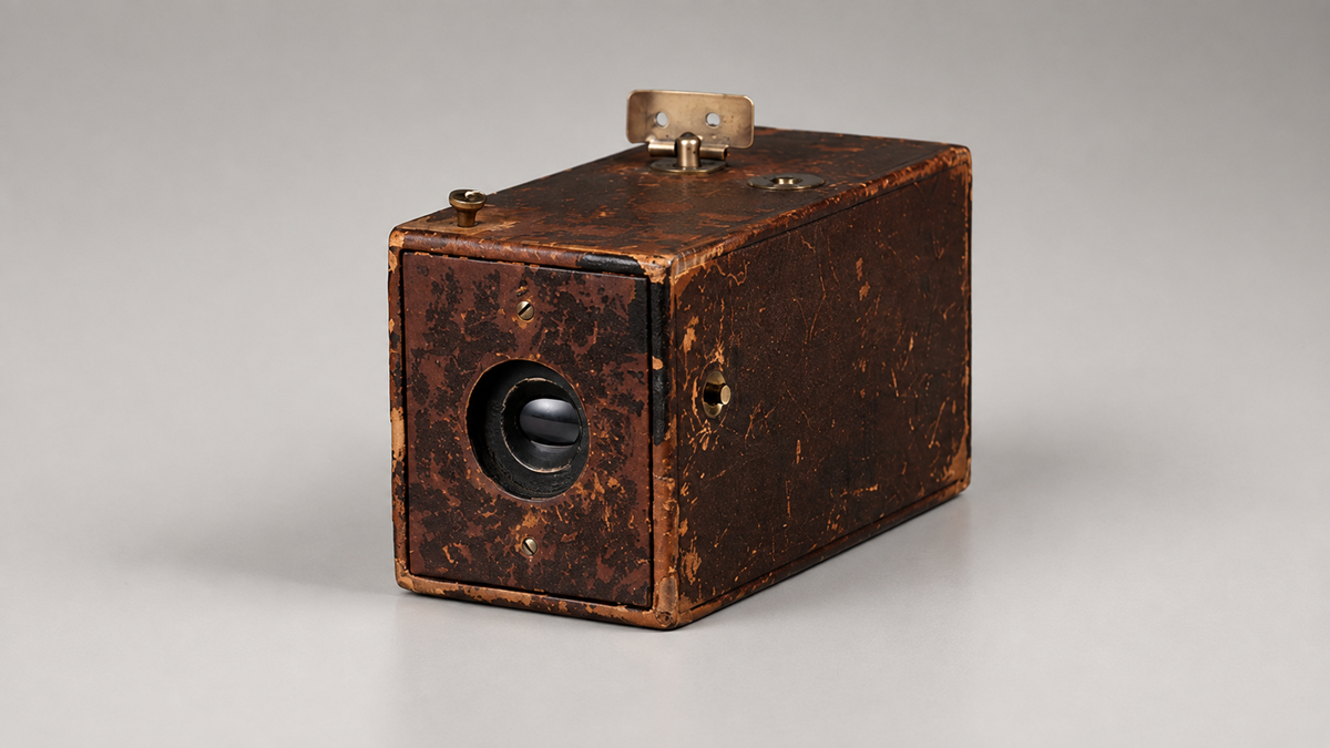 A vintage, box-shaped camera with a worn brown finish, a round lens opening on the front, and a small metal fixture on top, set against a neutral gray background.