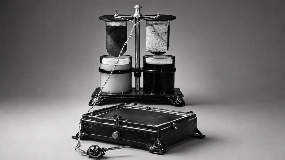 A vintage laboratory balance scale with two upright glass containers, one filled with a dark substance and one with a white substance, placed on a mechanical metal base.