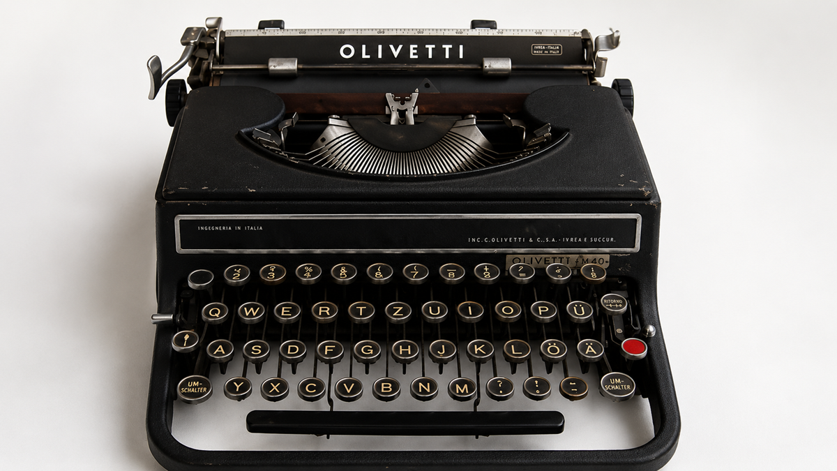 A vintage Olivetti typewriter with round keys and a black body is displayed against a plain white background.