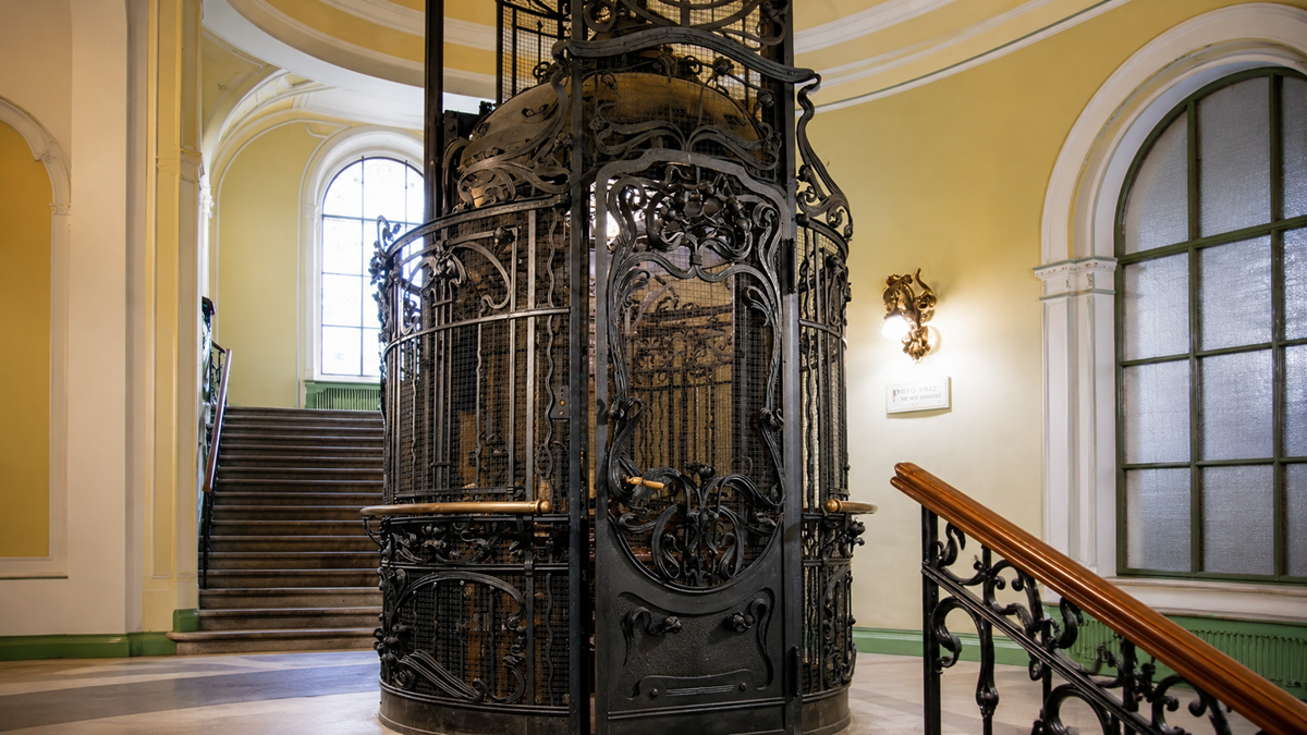 Ornate, vintage iron elevator with decorative designs stands in a bright, classical interior. Stairs and large windows are visible in the background, along with yellow walls and white architectural details.