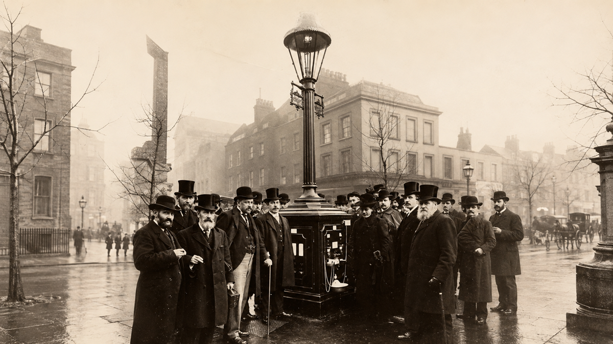 A group of men in coats and top hats gather around a large streetlamp on a rainy city street in an old, sepia-toned photograph. Victorian-era buildings and bare trees are visible in the background.
