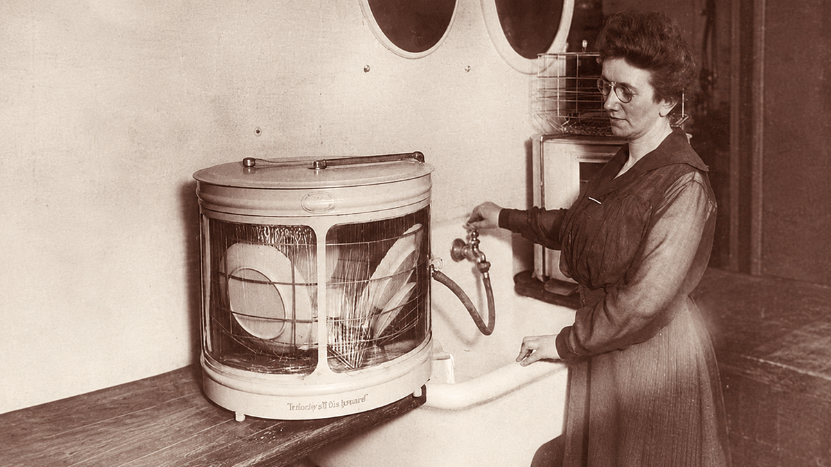A woman in vintage clothing stands by a sink, operating an early dishwasher filled with dishes. The photo appears to be from the early 20th century.