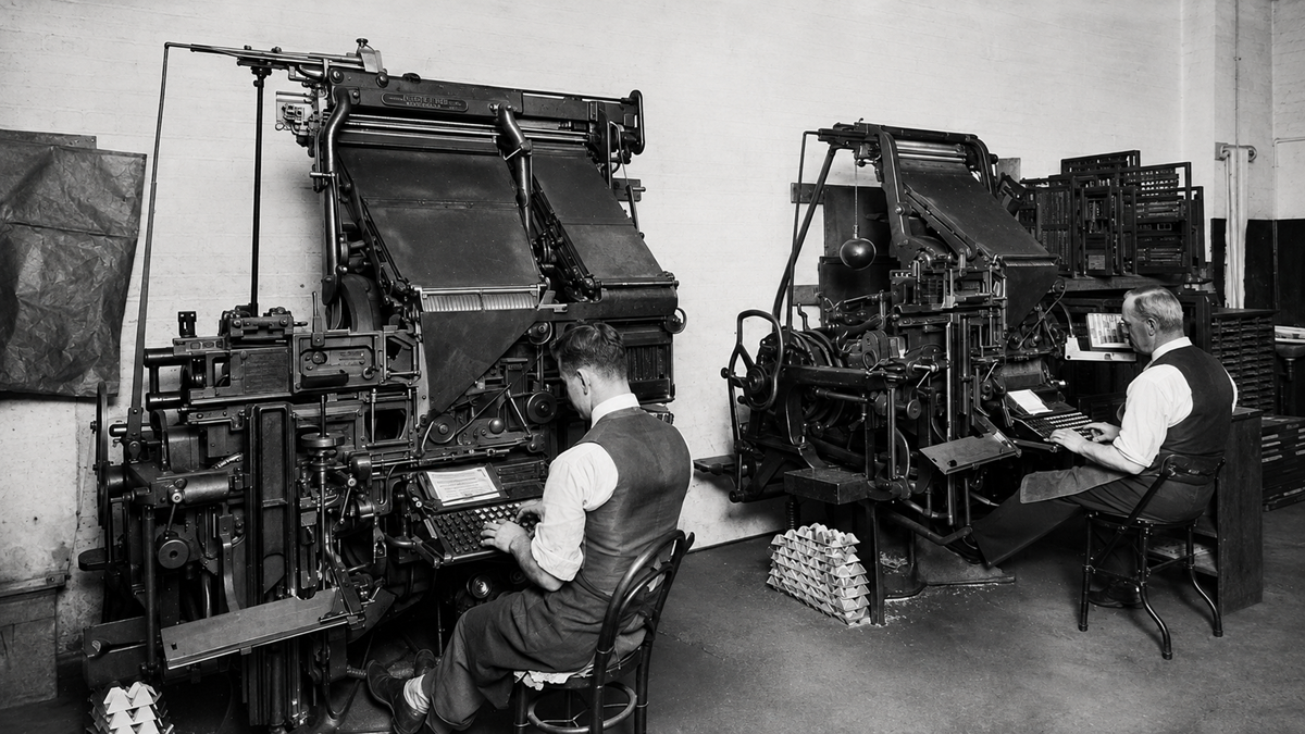 Two men sit and operate large, vintage typesetting machines in a black-and-white photo of a printing workshop, surrounded by mechanical parts and stacks of type.