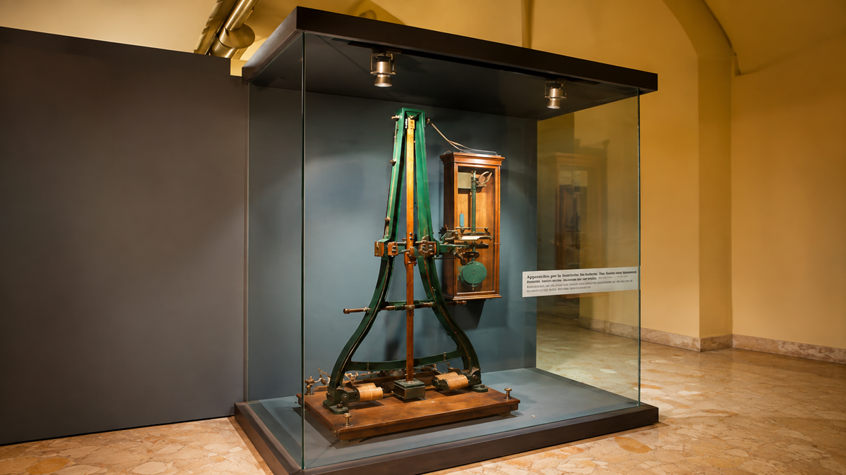 An antique scientific instrument with metal and wooden components displayed in a glass case on a museum floor, with overhead lights illuminating the exhibit.