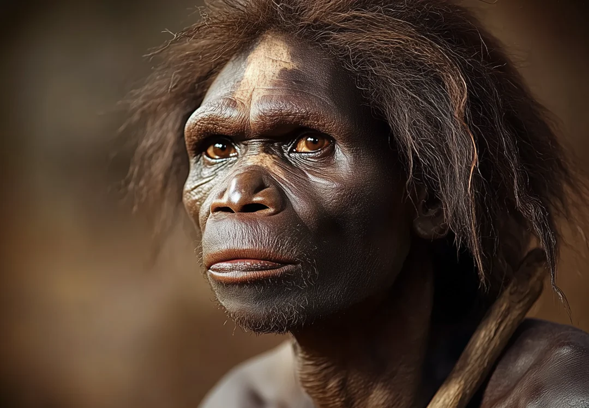 A digitally created close-up portrait of an early human ancestor with dark skin, prominent brow, wide nose, and shaggy hair, looking thoughtfully into the distance, holding a wooden stick.