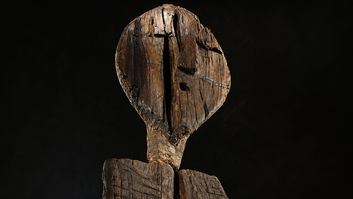 A close-up of an ancient, weathered wooden sculpture with a rounded, abstract head and simple carved features, set against a dark background.