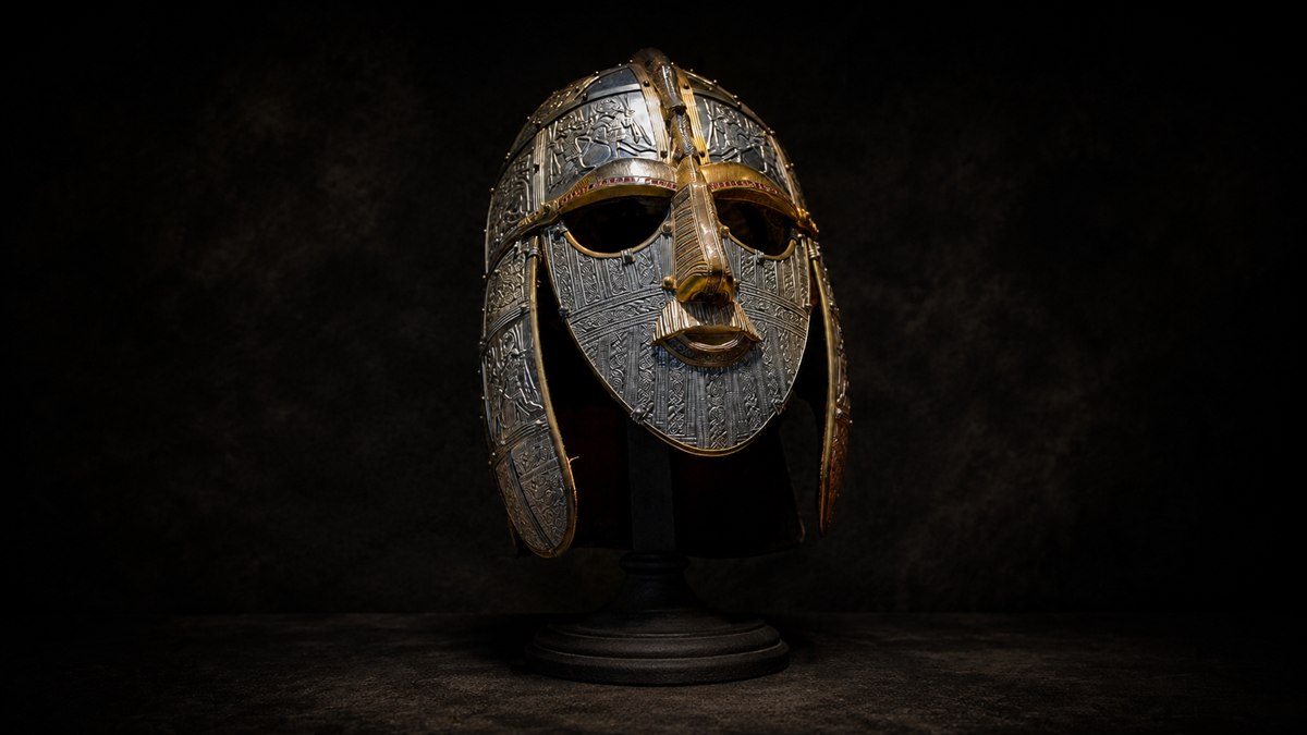 A detailed, ornate Anglo-Saxon helmet with engraved patterns, gold accents, and a nose guard, displayed on a black stand against a dark background.