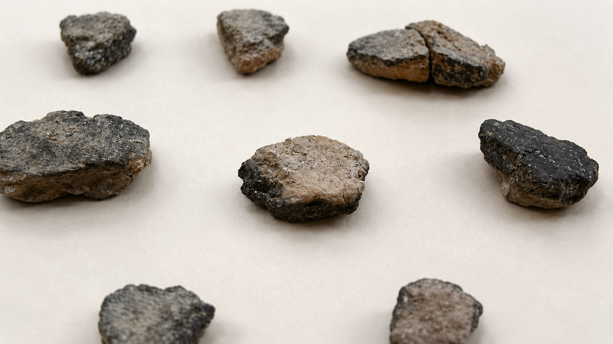 Several irregularly shaped, rough-textured rock fragments are arranged on a plain, light-colored surface. The rocks vary in color from dark gray to brown and are spaced evenly apart.