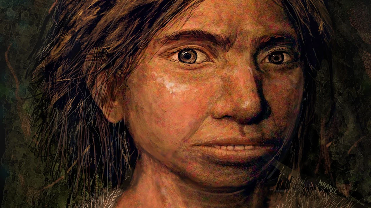 A detailed artistic reconstruction of an ancient human woman with long brown hair, wide brown eyes, and a serious expression, featuring textured skin and wearing fur clothing.