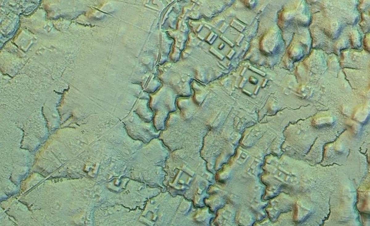 A textured aerial map shows ancient structures and geometric patterns beneath a greenish, forested landscape, revealing hidden ruins and terrain contours.