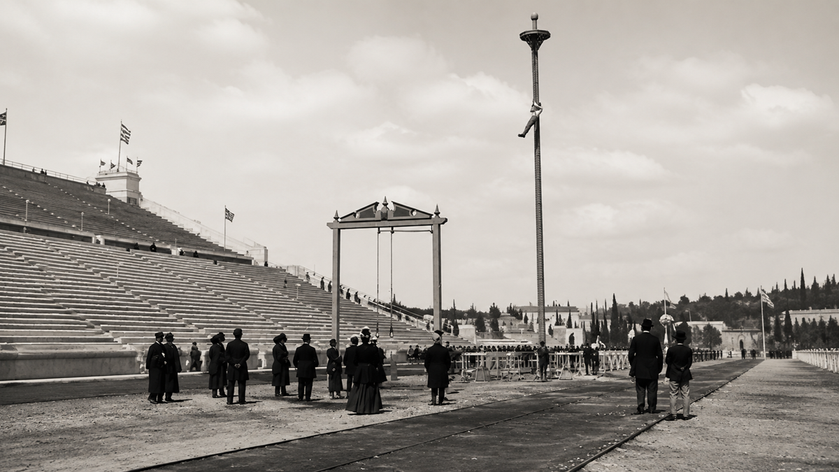 A black-and-white photo of people in formal attire standing in a historic Olympic stadium with empty seats, a tall pole, and structures in the center, likely from the early 20th century.