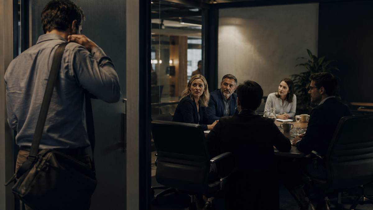 A man with a bag enters a conference room where five people sit around a table, looking toward him. The room is dimly lit, and the group appears to be in a meeting or discussion.