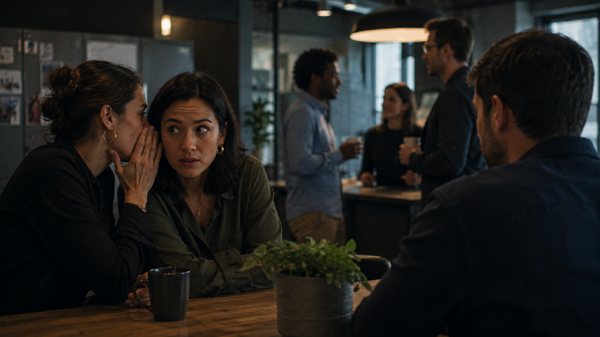 Two women sit at a table in an office; one whispers to the other, who looks surprised. Three pairs of people chat in the background. A plant and a mug are on the table in the foreground.
