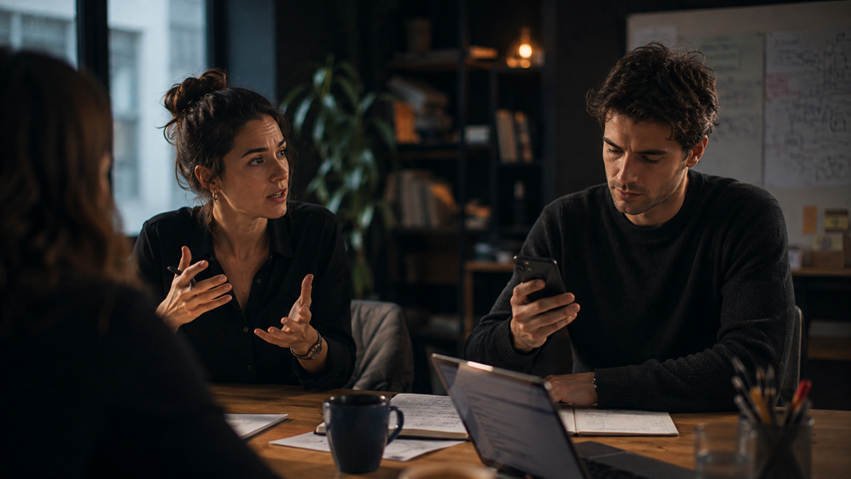 A woman gestures while talking to a man who looks at his phone during a meeting in a dimly lit office, with papers and a laptop on the table.