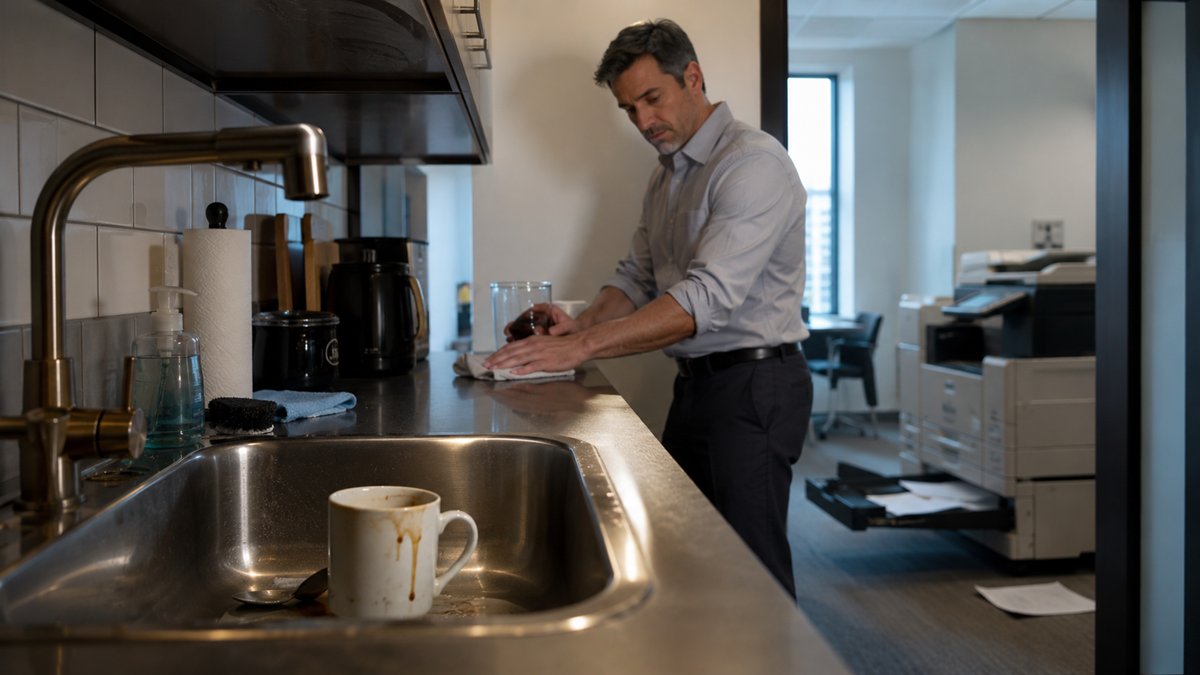 A man in business attire cleans a countertop in an office kitchen. A dirty coffee mug sits in the sink, and a copier with scattered papers is visible in the background.
