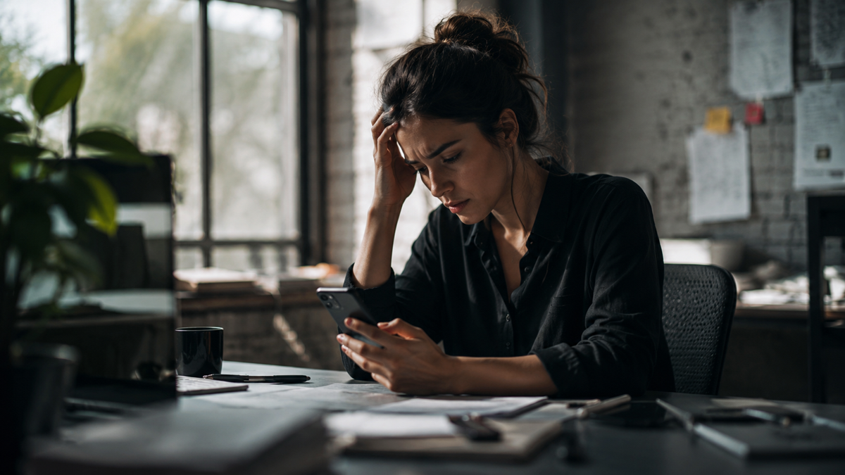 A woman sits at a desk in a dimly lit office, looking stressed as she holds her smartphone in one hand and rests her head on the other. Papers and a coffee mug are on the desk.