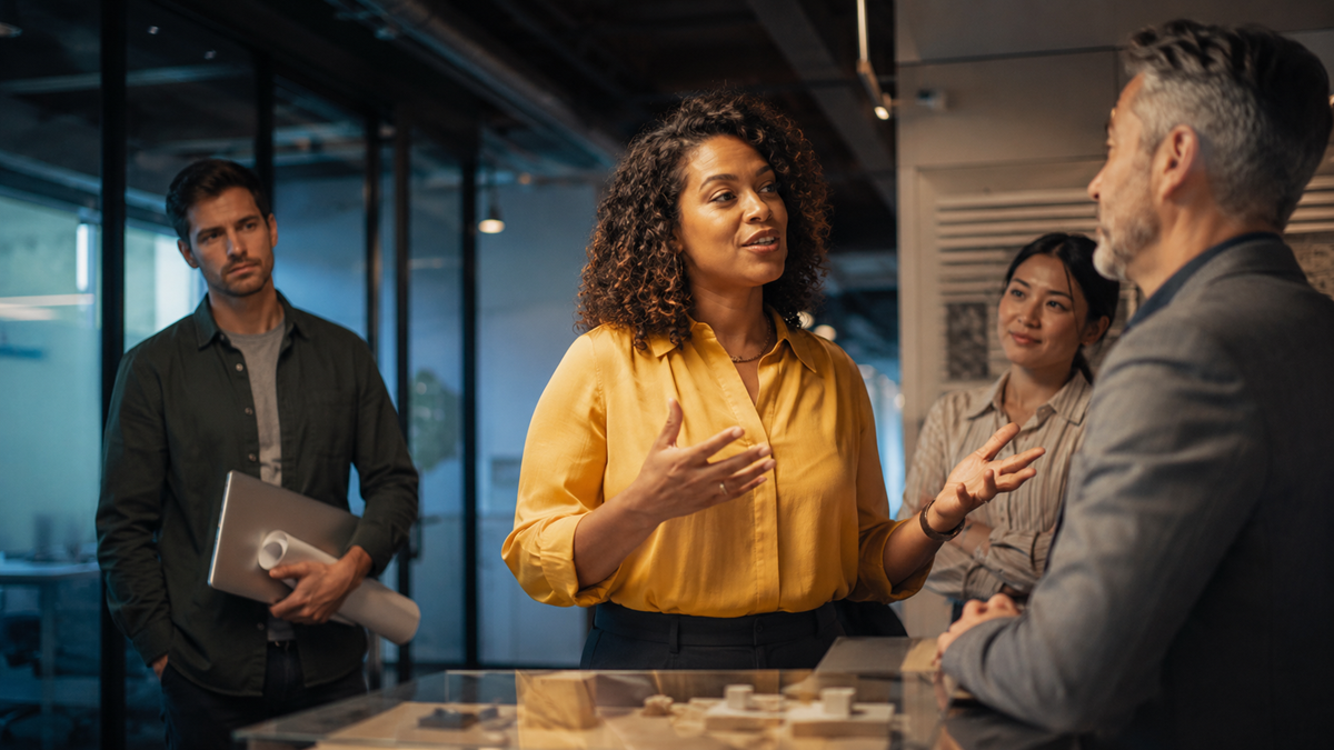 A woman in a yellow shirt speaks confidently to three colleagues in a modern office, while they listen attentively. One man holds a laptop and rolled paper. The setting is professional and collaborative.