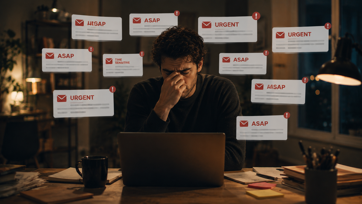 A stressed person sits at a desk with a laptop, holding their forehead, surrounded by floating urgent email notifications.
