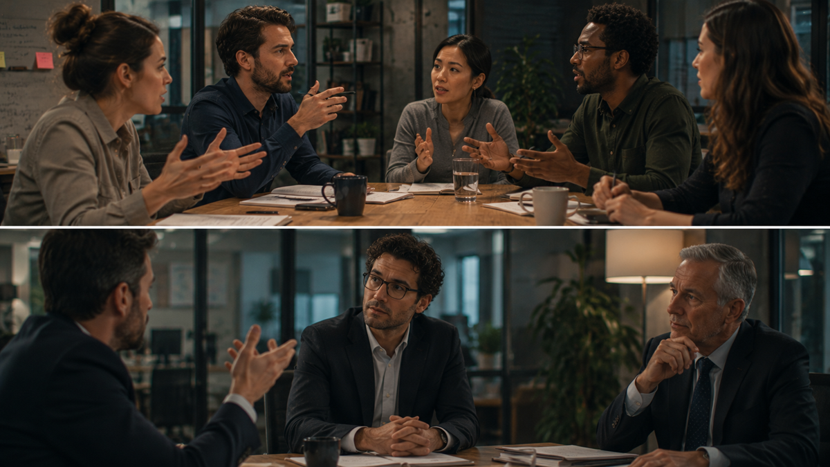 Two images: Top shows five people in casual clothes having a discussion at a table; bottom shows three men in suits talking at a meeting in a modern office.