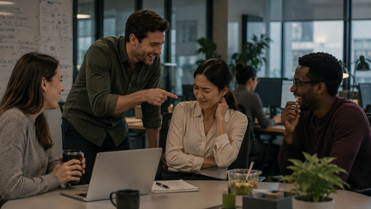 Four colleagues sit and laugh together around a desk with laptops, drinks, and a plant, in a modern office setting. One person stands, playfully pointing at another, while everyone smiles or laughs.