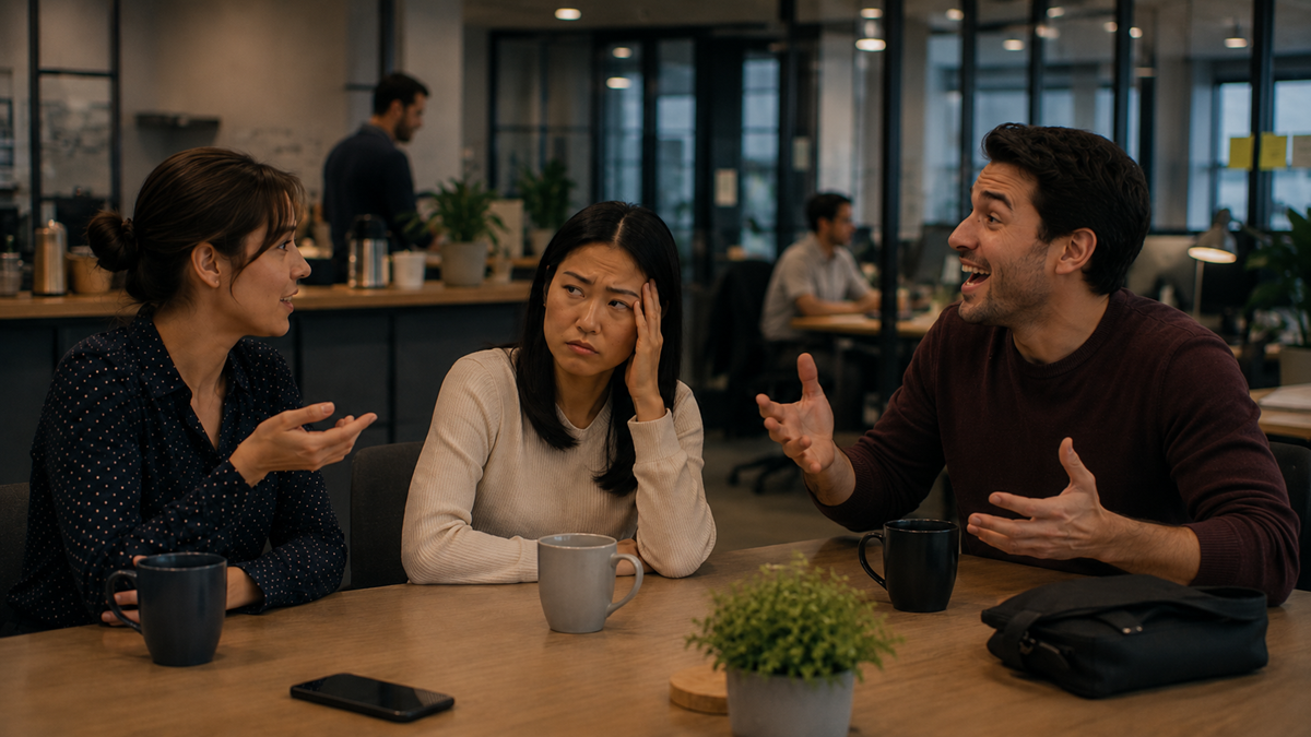 Three people sit at a table in an office. Two are having an animated discussion, while the third person in the middle looks frustrated with her hand on her forehead. Coffee mugs and a plant are on the table.