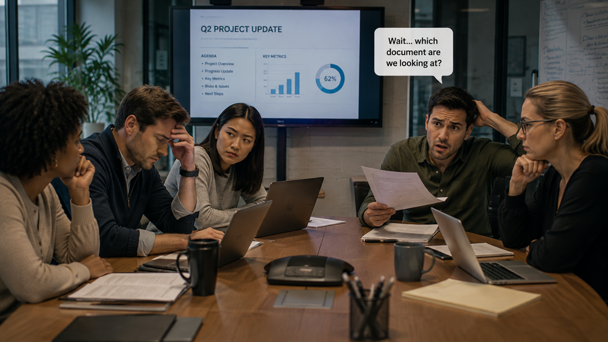 Five colleagues sit at a conference table with laptops and papers, looking confused during a meeting. One person asks, “Wait… which document are we looking at?” A project update is displayed onscreen.